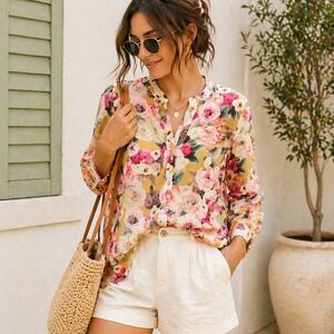 Chique Mustard-Pink Floral Blouse Lightweight Resort Vacation Euro Summer MM